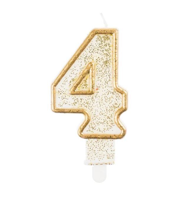 Lumanare tort cifra 4, alb cu contur auriu și glitter