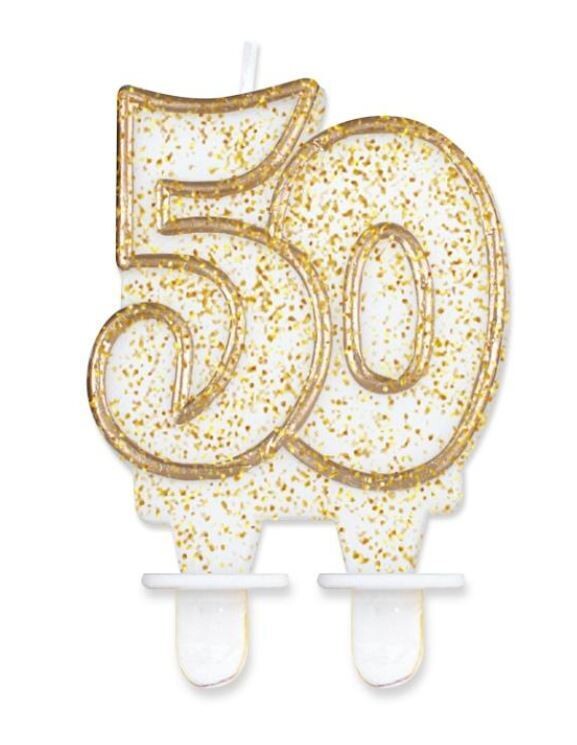 Lumanare tort cifra 50, alb cu contur auriu și glitter