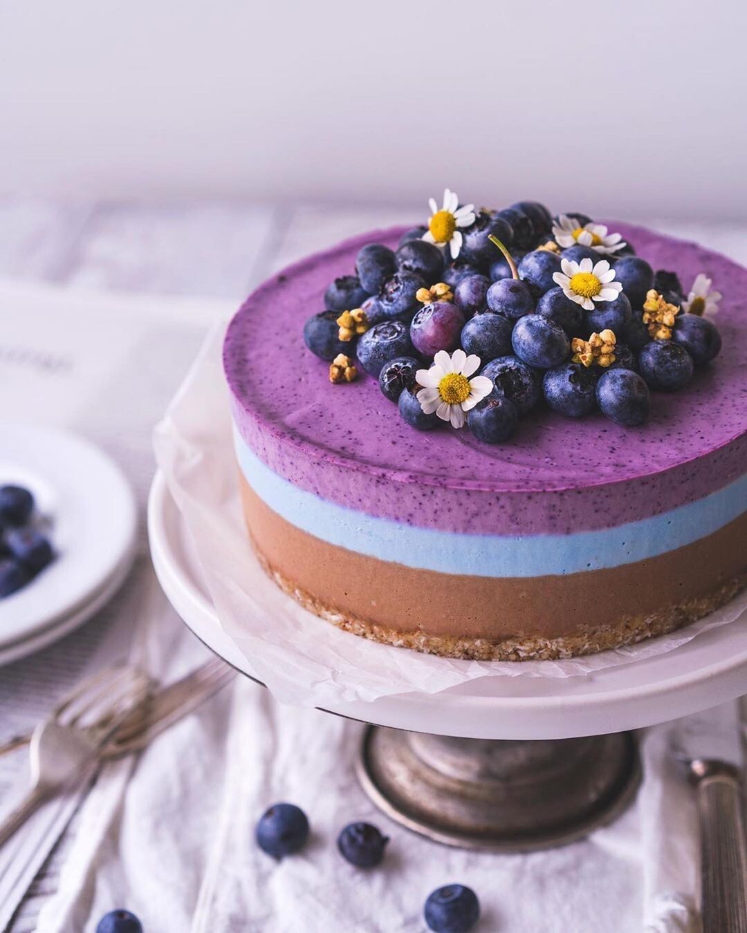 Tort raw vegan cu mousse de ciocolată, mentă și afine