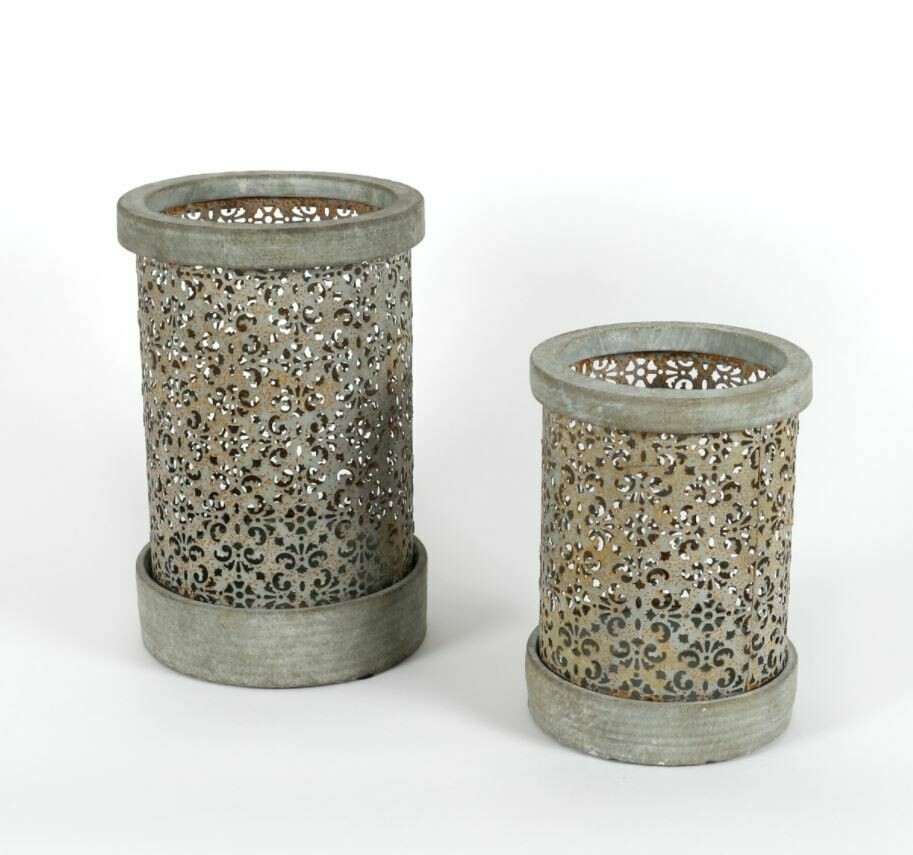 Lantaarn cement met metalen decoratie klein
