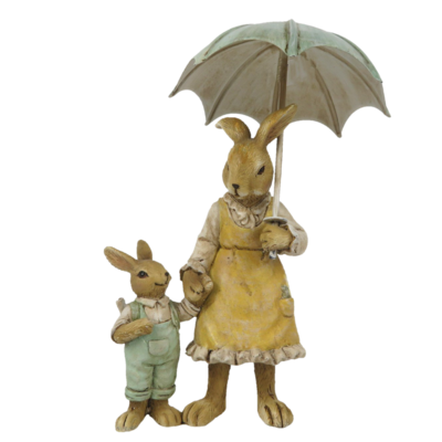 Konijntjes moeder met jongetje onder paraplu
