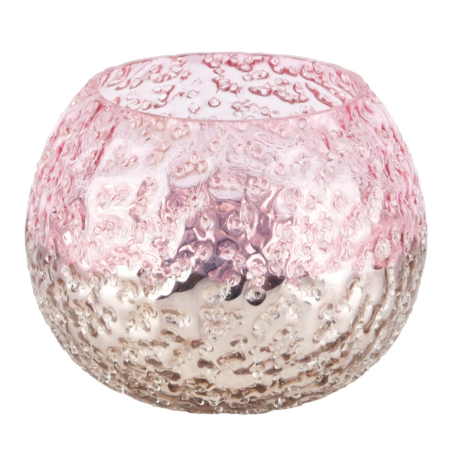 Theelichtbol 'Crinkled' roze/zilver glas Klein