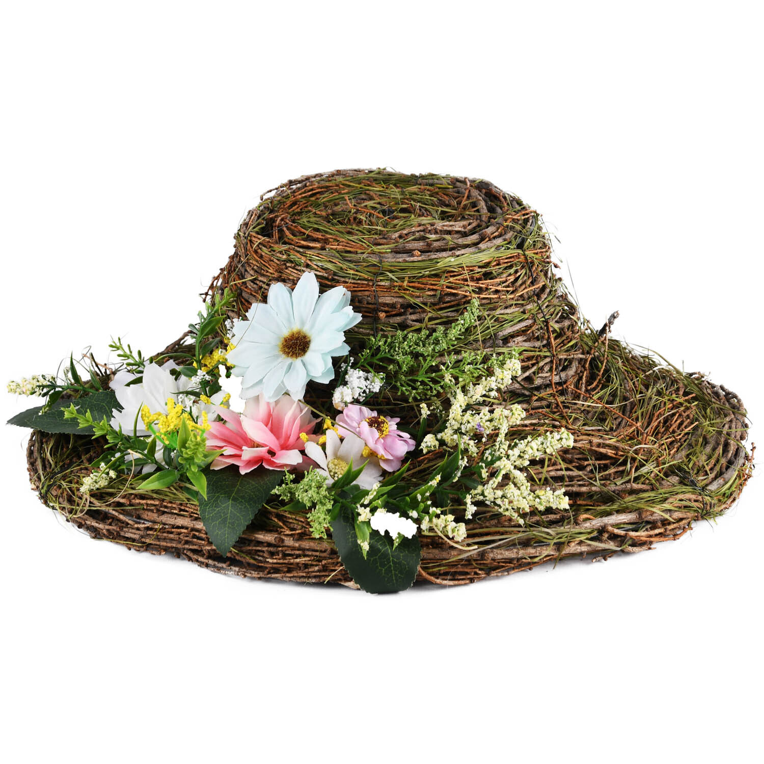 Deco hoed met bloemen naturel