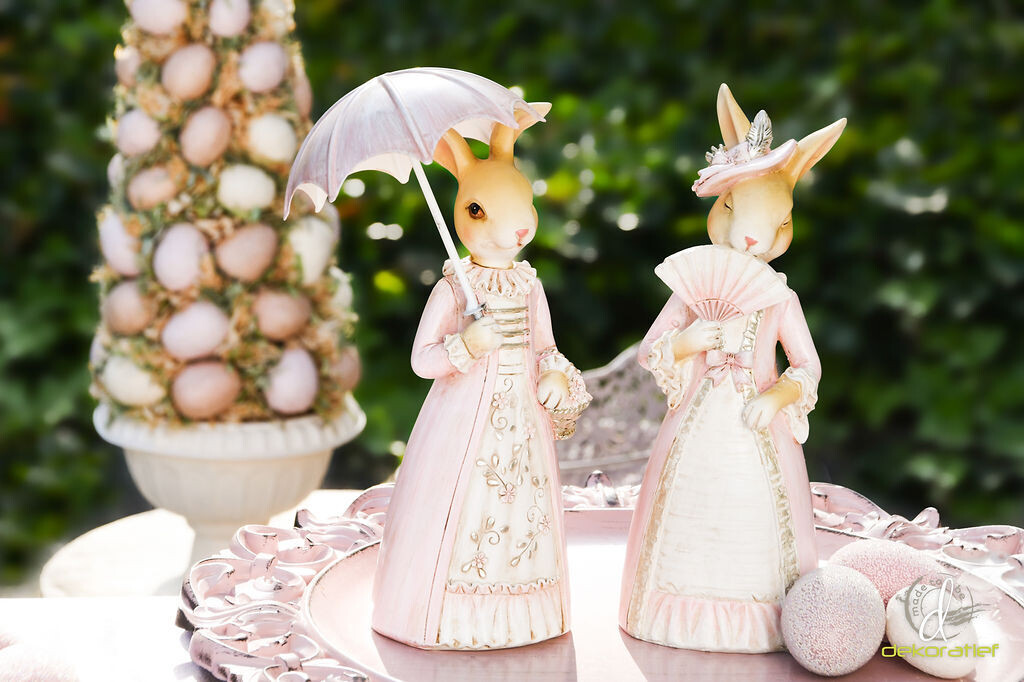 Set 2 bunnies staand met paraplu & waaier naturel/roze