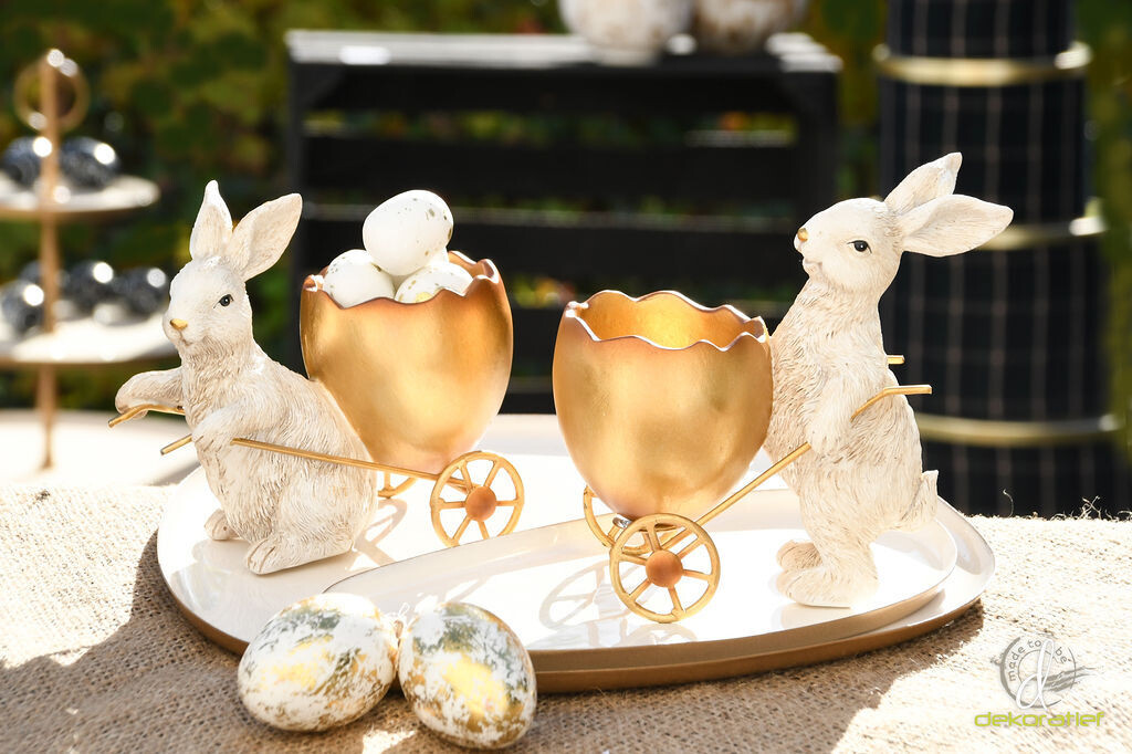 Set 2 bunnies met eiwagen goud/wit