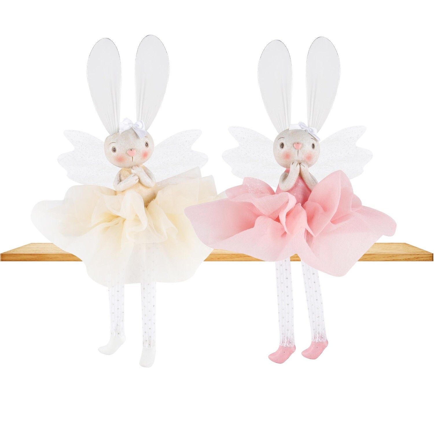 Set 2 bunnies zittend met hangbeentjes roze/wit