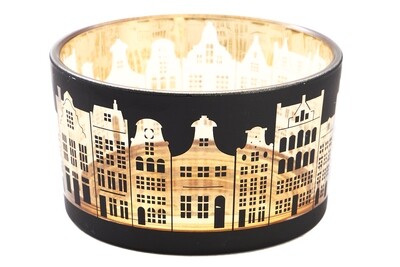 Theelichthouder H 6 huisjes zwart goud