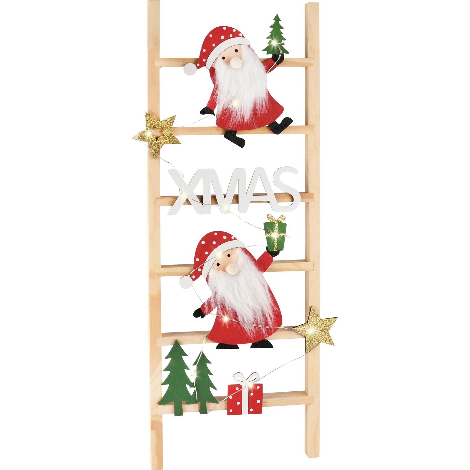 Deco ladder met santa's naturel/rood hout LED