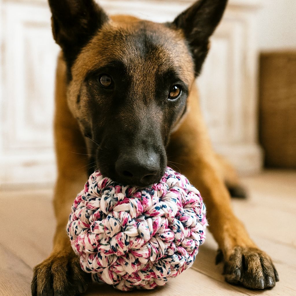Nachhaltiger Hundeball handgehäkelt recycelte Baumwolle Nachhaltiger Hundeball handgehäkelt recycelte Baumwolle