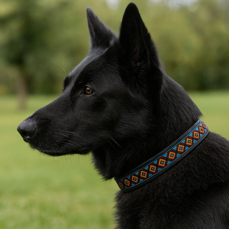 Hunde-Halsband im bunten Boho-Ethnic-Style | Schwarz-Orange-Blau-Braun Hunde-Halsband im bunten Boho-Ethnic-Style | Schwarz-Orange-Blau-Braun