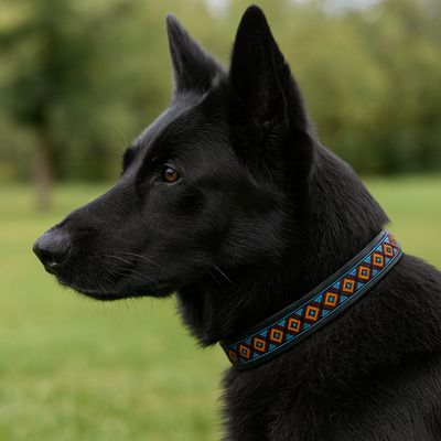 Hunde-Halsband im bunten Boho-Ethnic-Style | Schwarz-Orange-Blau-Braun Hunde-Halsband im bunten Boho-Ethnic-Style | Schwarz-Orange-Blau-Braun
