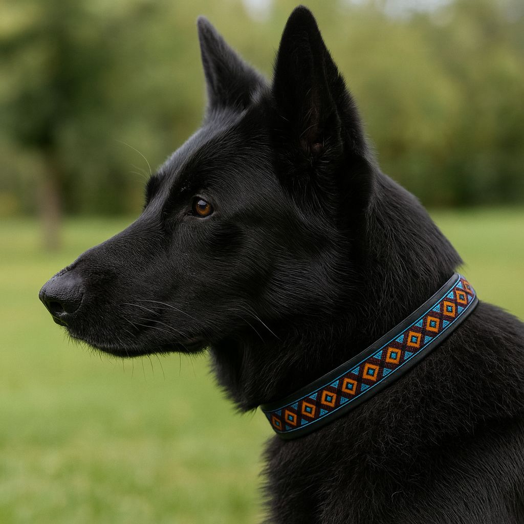 Hunde-Halsband im bunten Boho-Ethnic-Style | Schwarz-Orange-Blau-Braun Hunde-Halsband im bunten Boho-Ethnic-Style | Schwarz-Orange-Blau-Braun