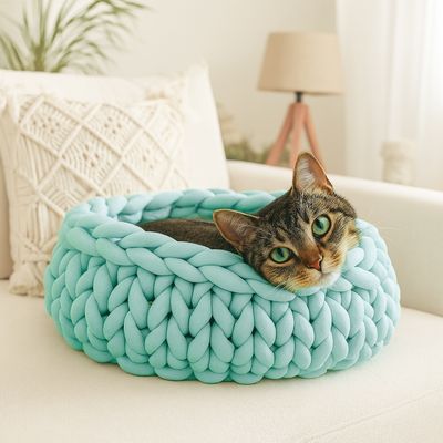 Hohes Grobstrick-Körbchen – Handgefertigtes Katzenbett & Hundekorb Hohes Grobstrick-Körbchen – Handgefertigtes Katzenbett & Hundekorb