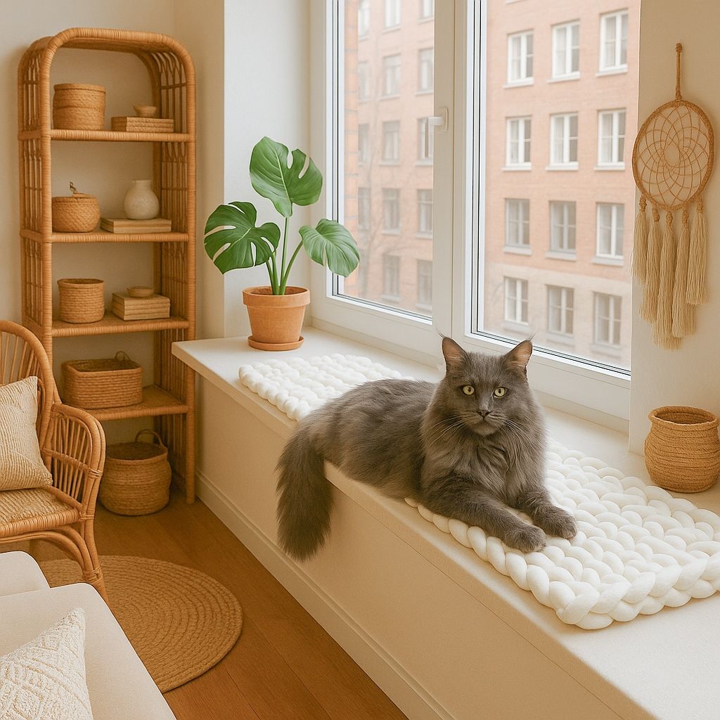 Fensterbankbett für Katzen Längsmuster – handgehäkelt & nachhaltig Fensterbankbett für Katzen Längsmuster – handgehäkelt & nachhaltig