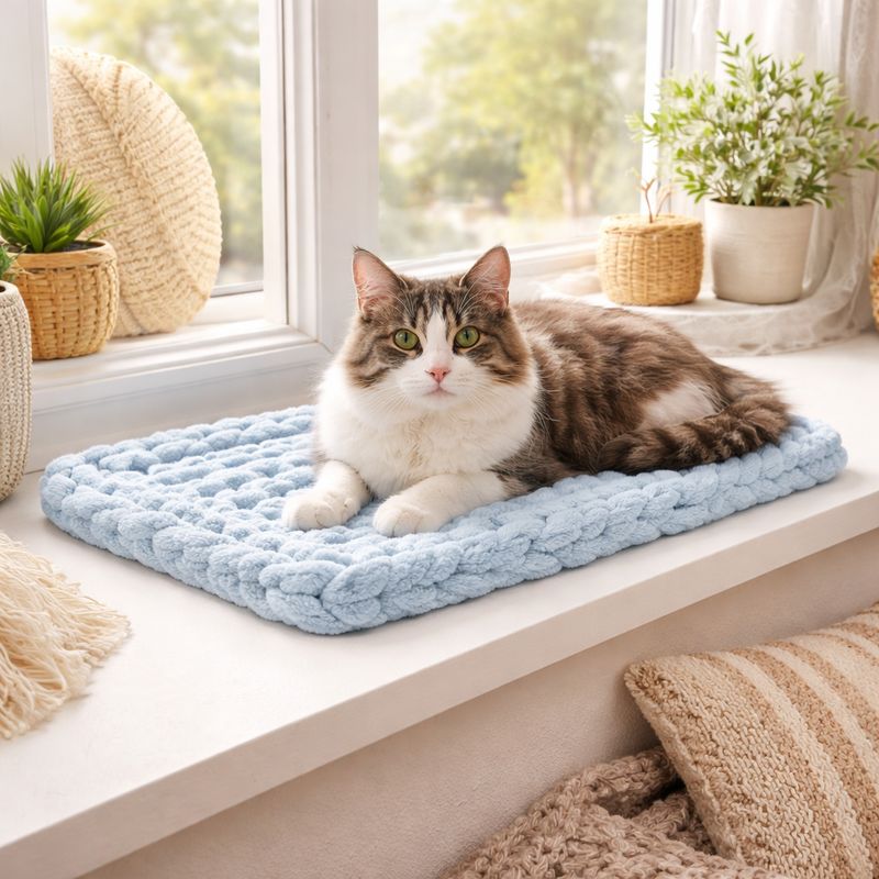 Window sill bed for cats – hand-crocheted from chenille yarn
