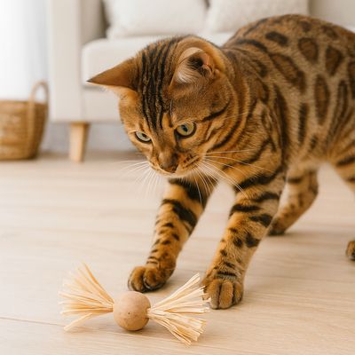 Katzenspielzeug Naturkorkkugel mit Bast – Handgefertigt Katzenspielzeug Naturkorkkugel mit Bast – Handgefertigt
