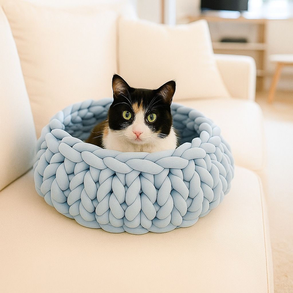 Hohes Grobstrick-Körbchen – Handgefertigtes Katzenbett & Hundekorb