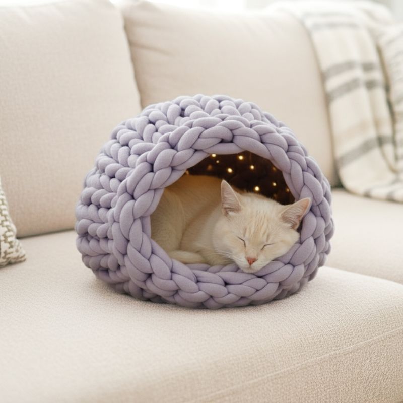 Grobstrick Katzenhöhle – Handgefertigtes Katzenbett