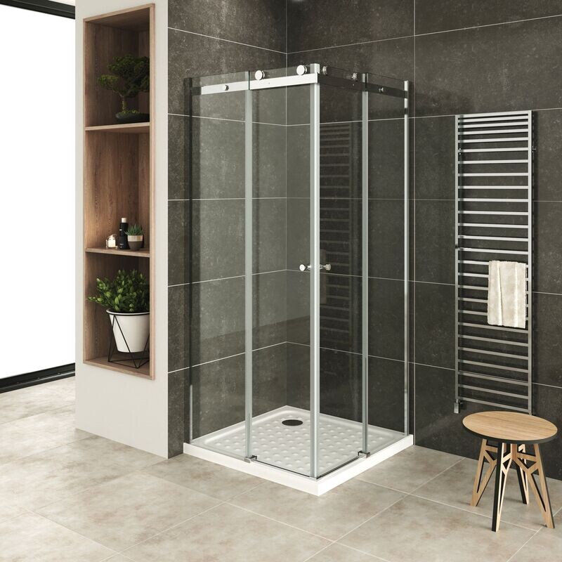 ANNA - Cabine de Duche (75-120 cm x 200 cm) com Vidro Transparente 8mm - Entrada de Canto, Portas de Correr e Perfis em Inox