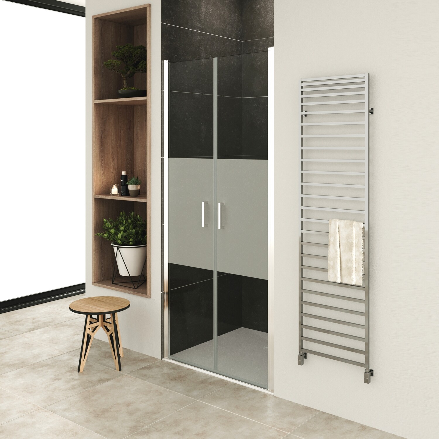 LARA - Porta de Duche (68-101 cm x 180- 185- 195 cm) com Vidro Meio Fosco 6 mm - Portas de Bater e Perfis em Metal