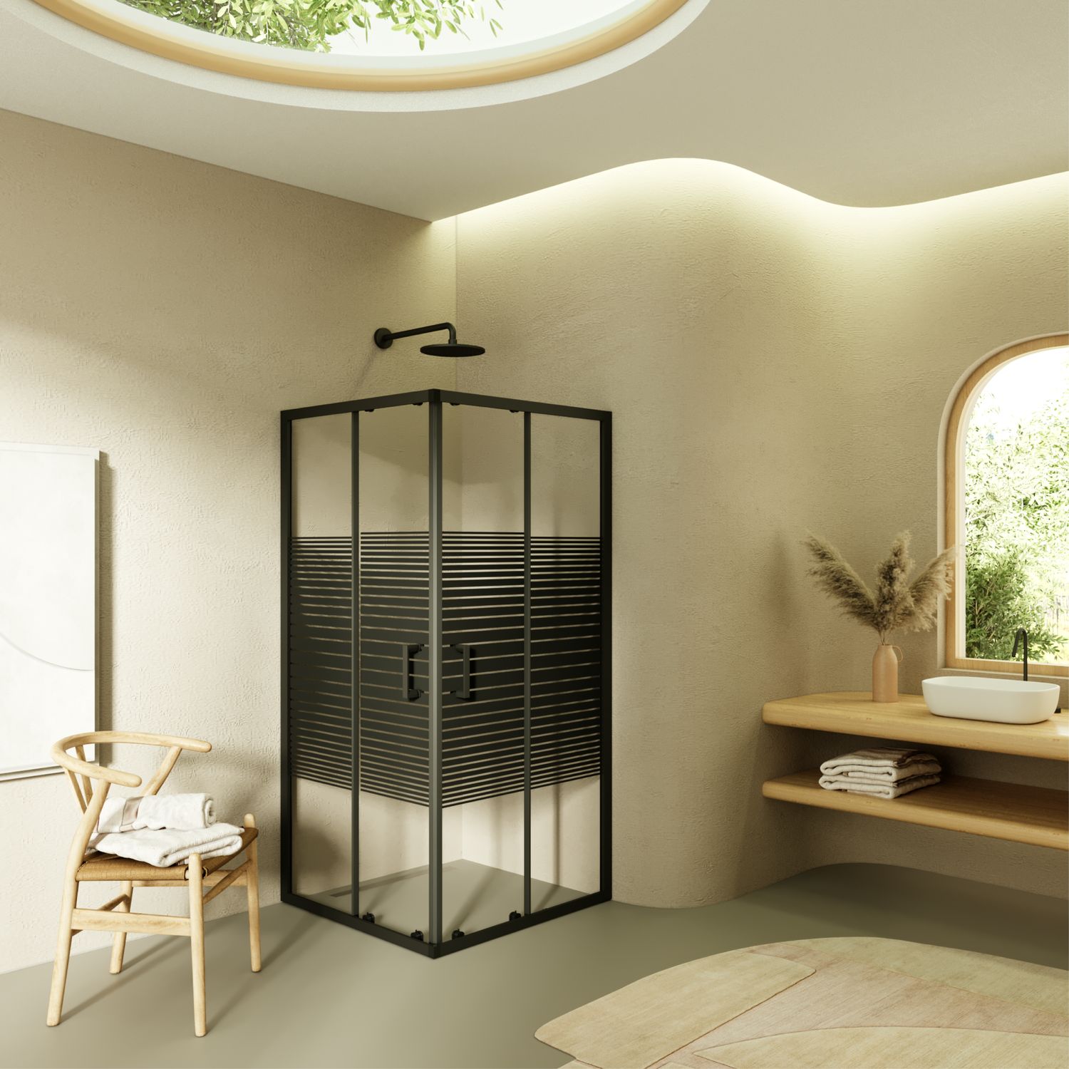DIANA - Cabine de Duche (70-120 cm x 180-190 cm) com Vidro Listrado 6mm - Entrada de Canto, Portas de Correr e Perfis Pretos