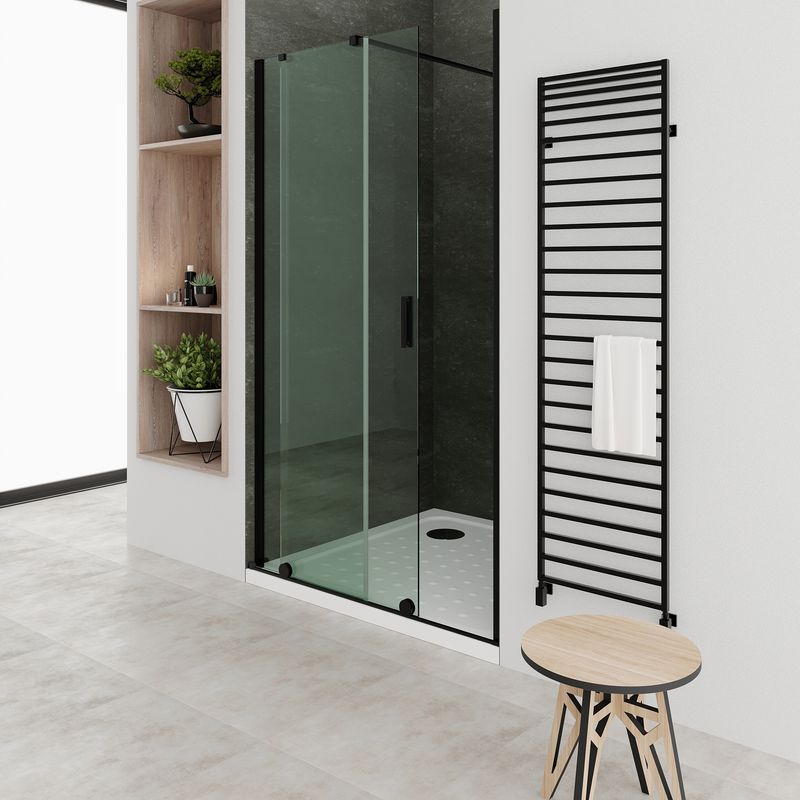 NADINE - Porta de Duche (120-180 cm x 200 cm) com Vidro Transparente 6 mm - Portas de Correr e Perfis em Metal Cromado Preto