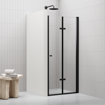 MILA - Porta de Duche (68-100 cm x 195 cm) com Vidro Transparente 6 mm - Portas de Fole e Perfis em Metal Negro
