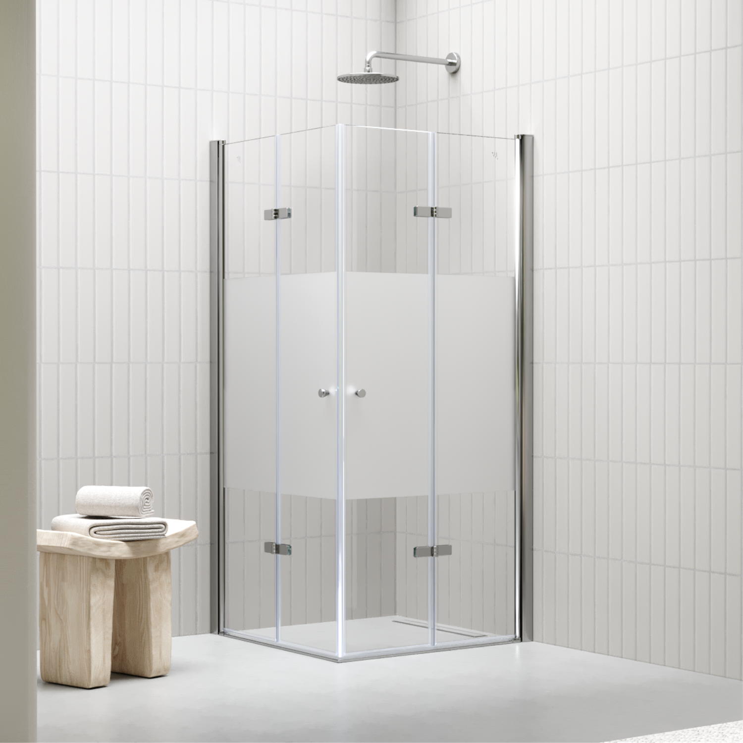 EMMA - Cabine de Duche (70-120 cm x 180-190 cm) com Vidro Meio Fosco 6mm - Entrada de Canto, Portas Dobráveis e Perfis em Inox