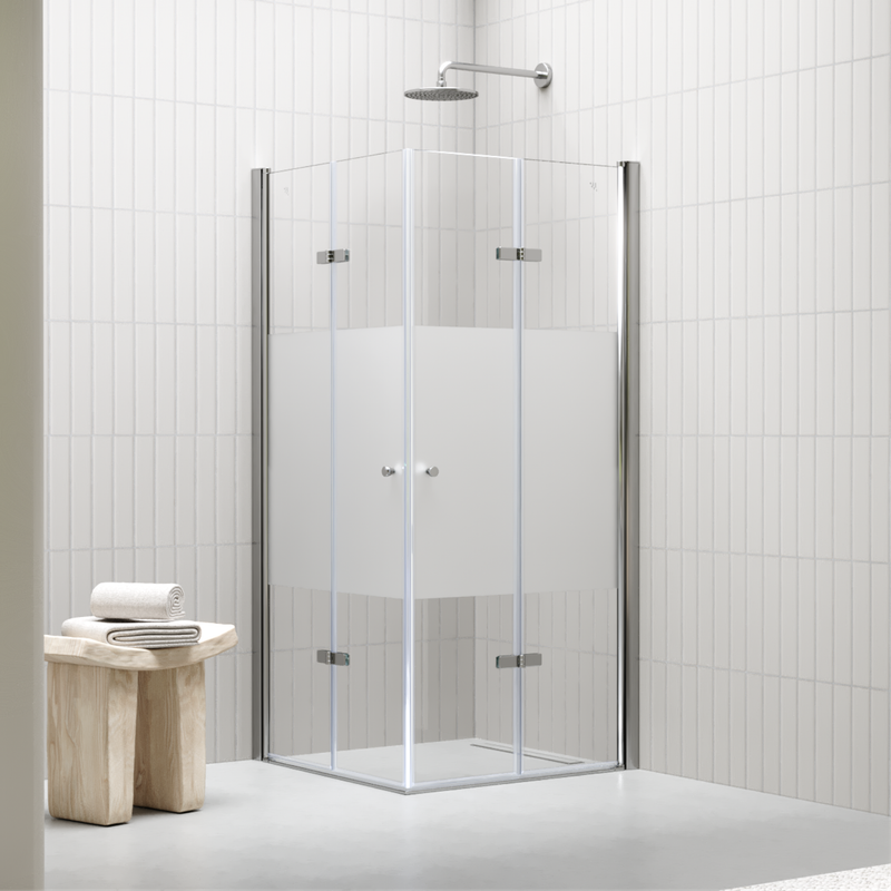 EMMA - Cabine de Duche (70-120 cm x 180-190 cm) com Vidro Meio Fosco 6mm - Entrada de Canto, Portas Dobráveis e Perfis em Inox