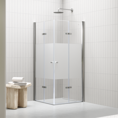 EMMA - Cabine de Duche (70-120 cm x 180-190 cm) com Vidro Meio Fosco 6mm - Entrada de Canto, Portas Dobráveis e Perfis em Inox