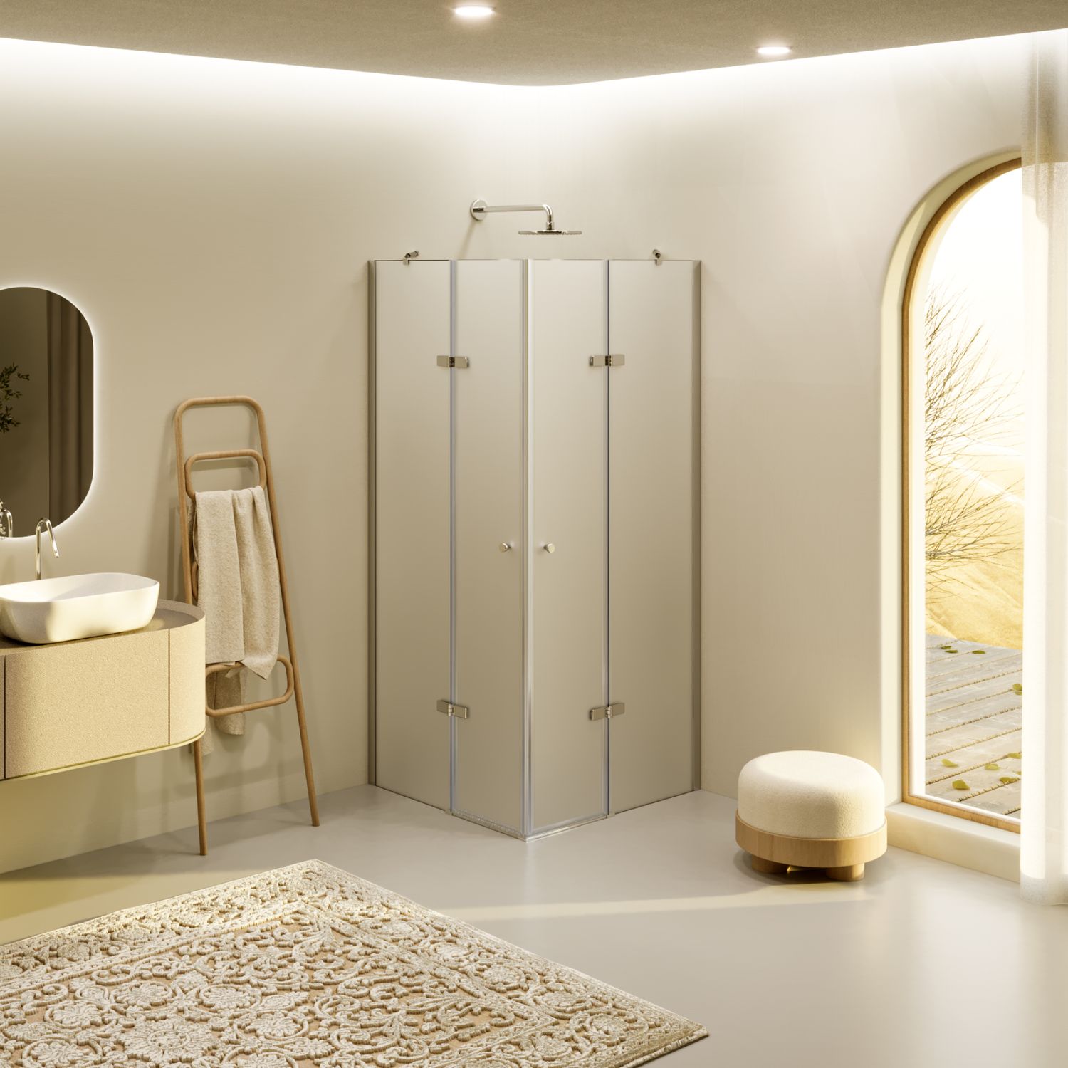 ALICE - Cabine de Duche de Canto (70-120 cm x 190 cm) com Vidro Fosco 6mm - Portas Articuladas, Barra Estabilizadora e Perfis em Alumínio