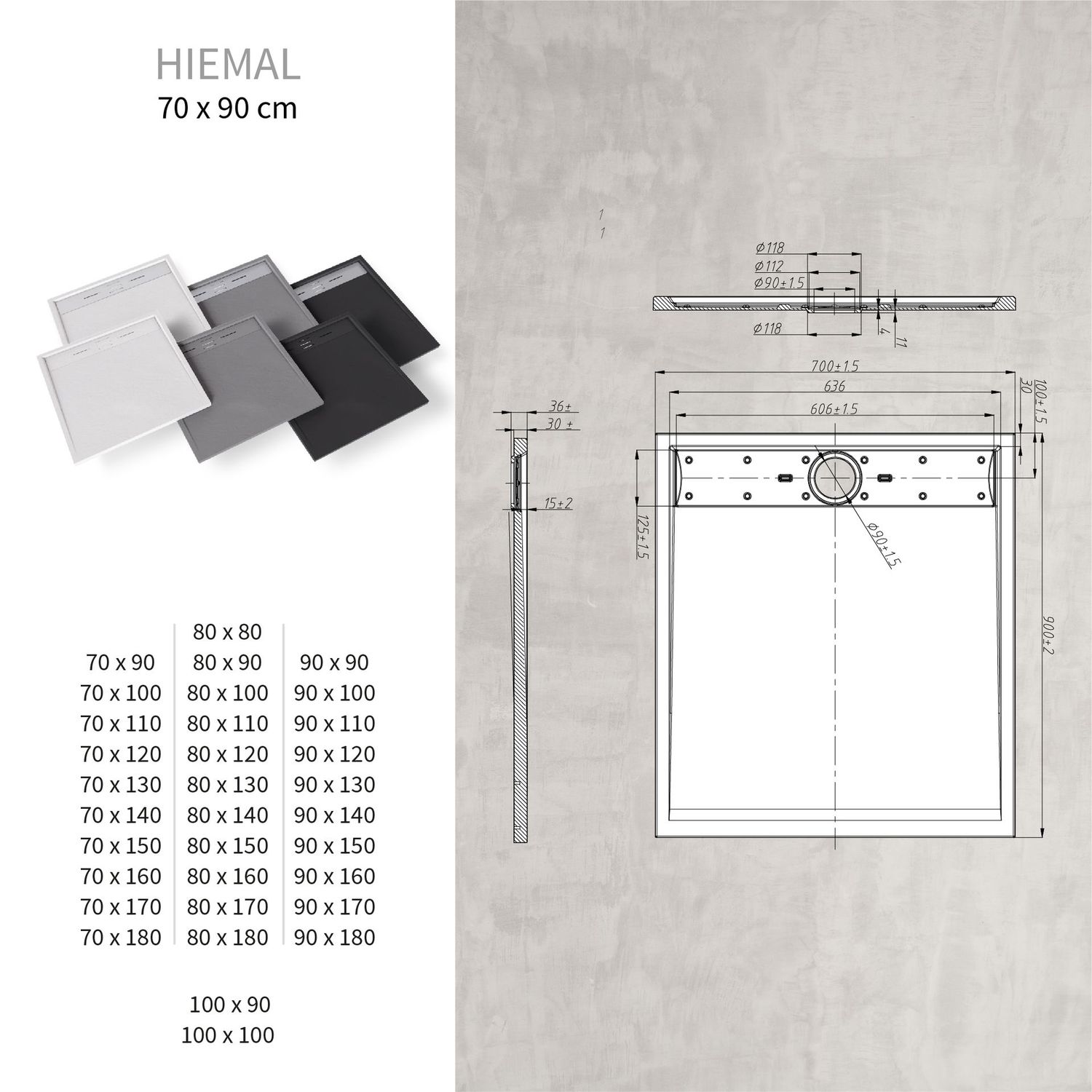 Base de Duche HIEMAL - Cor: Preta e Grelha Inox, Medidas: 70x90 cm