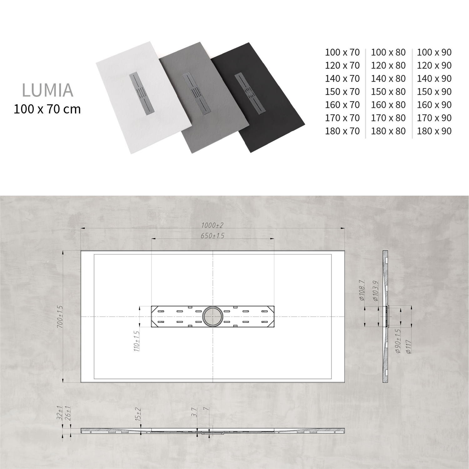 Base de Duche LUMIA | Cor: Cinza, Medidas: 70x100 cm
