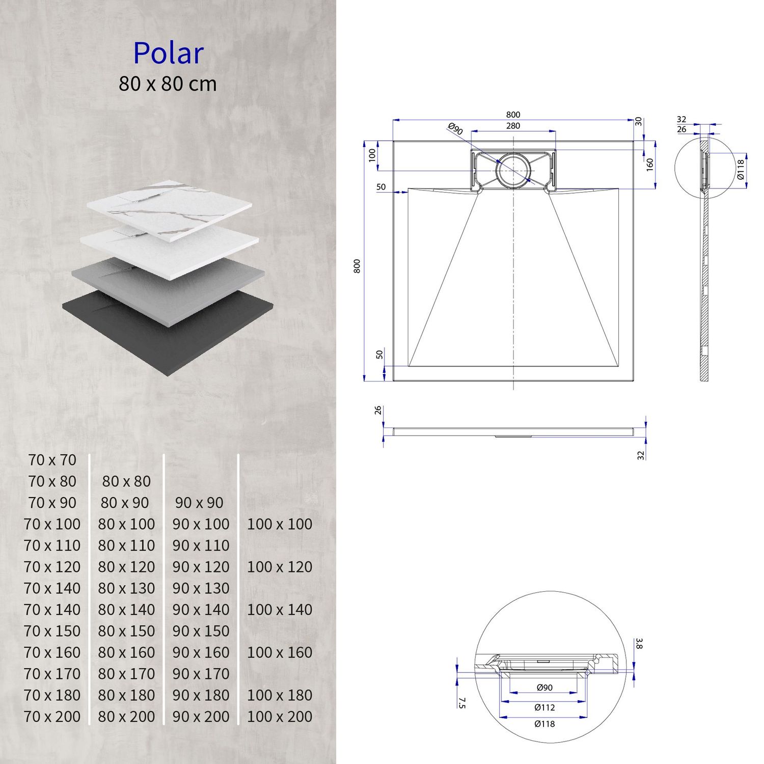 Base de Duche POLAR | Cor: Branco, Medidas: 80x80 cm