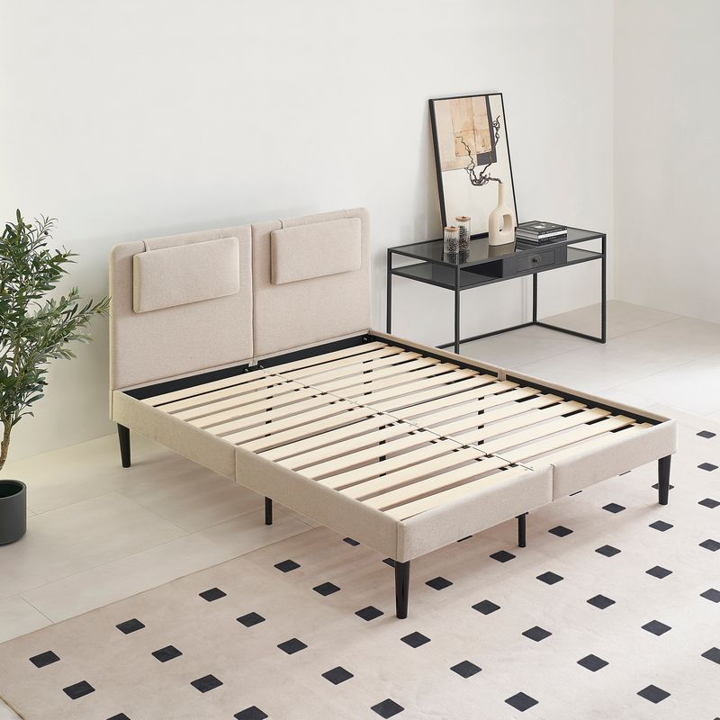 EMILY - Cama c/ Cabeceira Acolchoada na cor Bege e Estrado de Ripas de Madeira, Arrumação debaixo da Cama, Montagem Fácil, Conforto e Design