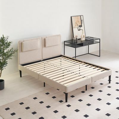 EMILY - Cama c/ Cabeceira Acolchoada na cor Bege e Estrado de Ripas de Madeira, Arrumação debaixo da Cama, Montagem Fácil, Conforto e Design