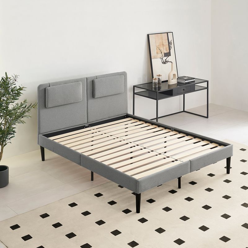 EMILY - Cama c/ Cabeceira Acolchoada na cor Cinza e Estrado de Ripas de Madeira, Arrumação debaixo da Cama, Montagem Fácil, Conforto e Design