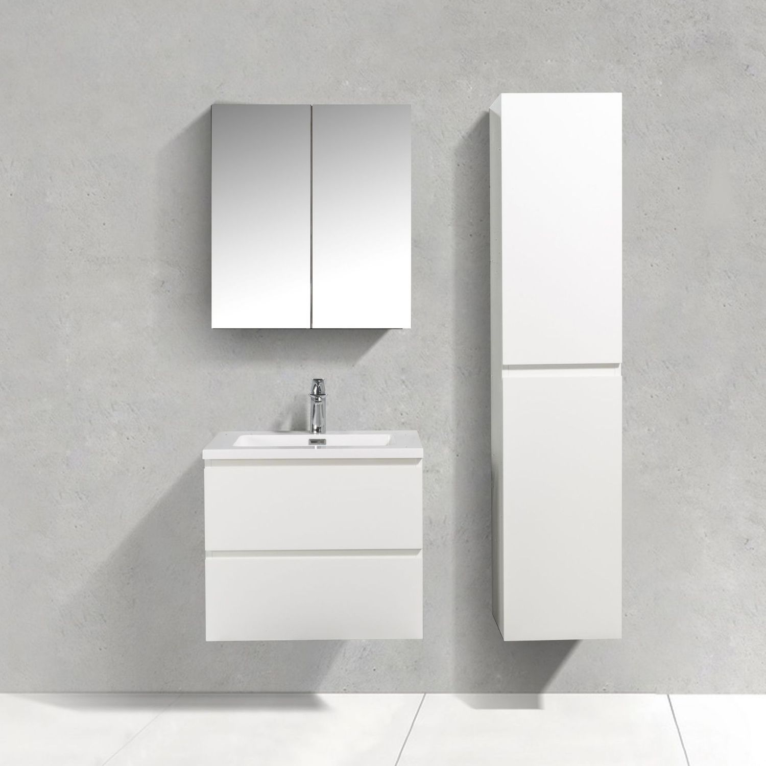 Conjunto de Casa de Banho Atena [60/80/100/120 cm] com Lavatório Branco Brilhante de Resina Mineral, Móvel com Espelho e Coluna Alta Suspensa para Arrumação, Tamanho: 60
