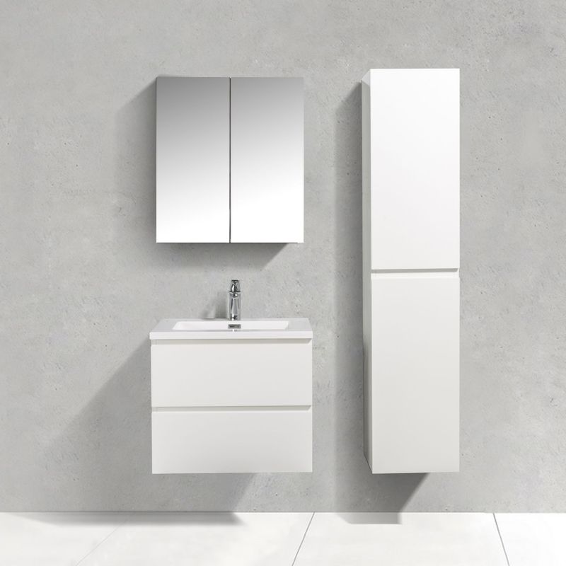 Conjunto de Casa de Banho Atena [60/80/100/120 cm] com Lavatório Branco Brilhante de Resina Mineral, Móvel com Espelho e Coluna Alta Suspensa para Arrumação