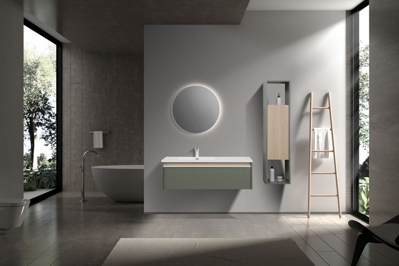 Conjunto Nereia Móvel de Casa de Banho Suspenso 120cm com Lavatório de Resina Mineral, Coluna Lateral Suspensa para Arrumação e Espelho Anti Vácuo Conjunto Nereia Móvel de Casa de Banho Suspenso 120cm com Lavatório de Resina Mineral, Coluna Lateral Suspensa para Arrumação e Espelho Anti Vácuo