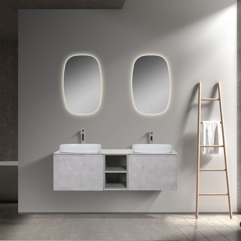Conjunto Indra Móvel Suspenso de 150cm com Tampo de Porcelana Calacatta, 2 Lavatórios em Cerâmica Branca e 2 Espelhos Ovais LED Anti Embaciamento