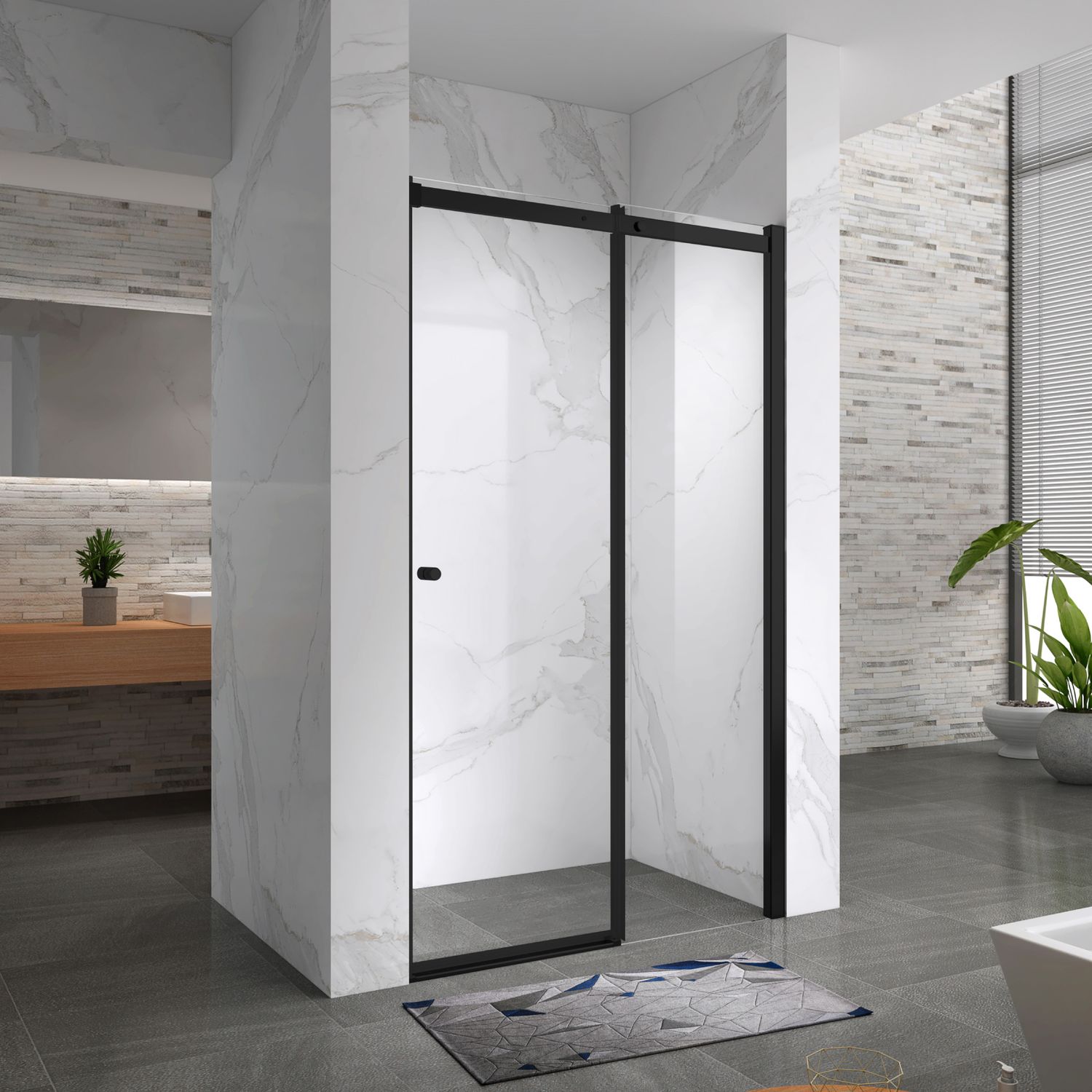 KAYLEE - Porta de Duche Deslizante (96-156 cm x 195 cm) com Vidro Transparente 6 mm - Portas de Correr e Perfis em Preto