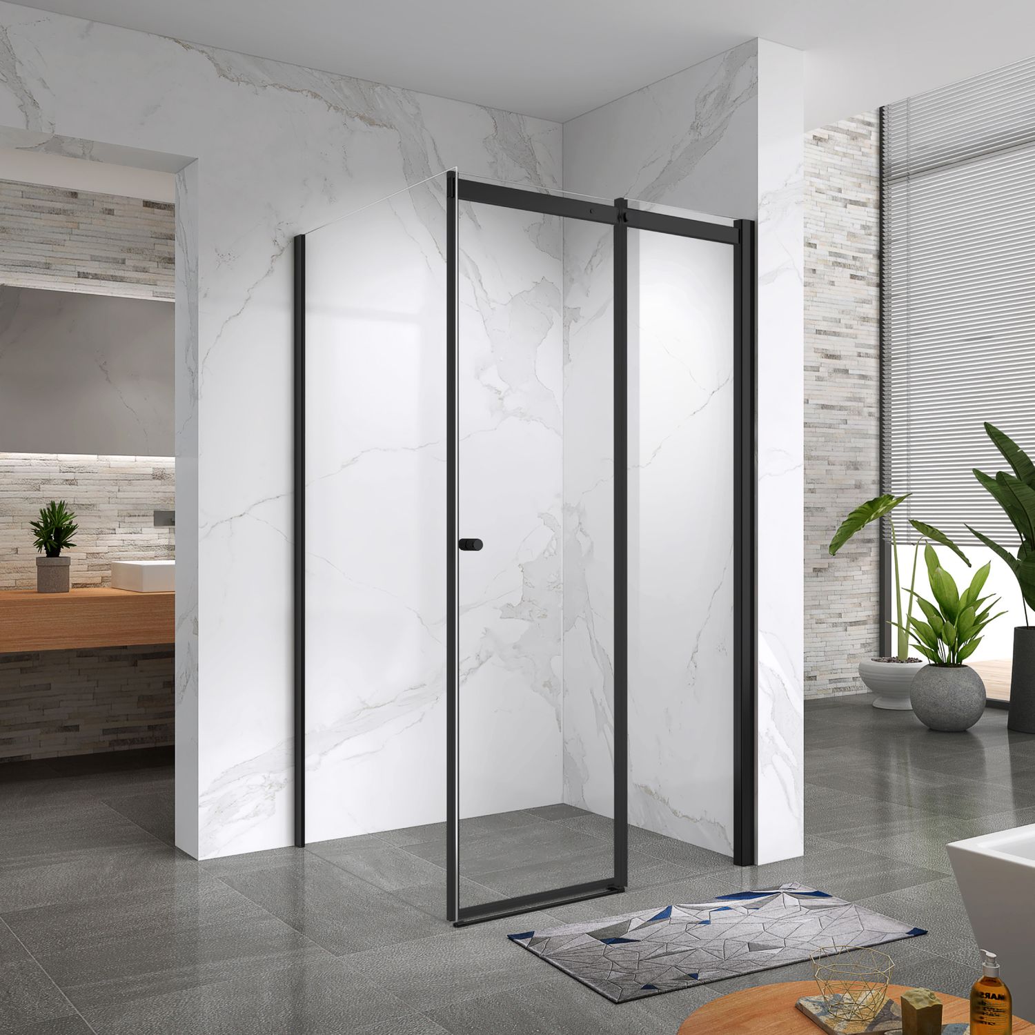 KAYLEE - Cabine de Duche com Porta Deslizante (120-160 cm x 195 cm) com Vidro Transparente 6mm - Entrada de Frente, Porta de Correr e Perfis Pretos