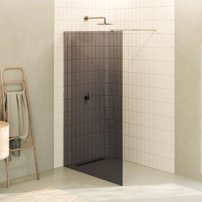 FIONA - Painel de Duche Walk-In em Vidro Escuro 10mm com Perfil e Barra Estabilizadora em Aço Inoxidável Cromado