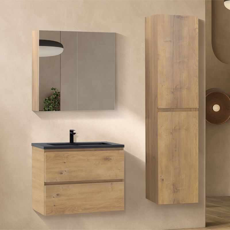 Conjunto de Casa de Banho Atena [60/80/100 cm] com Lavatório Preto Mate de Resina Mineral, Móvel com Espelho e Coluna Alta Suspensa para Arrumação