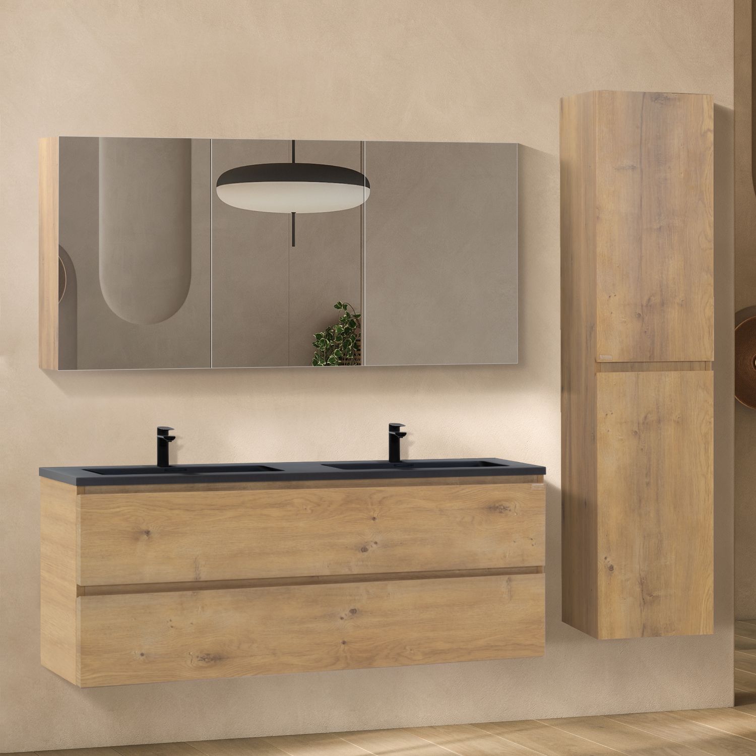 Conjunto de Casa de Banho Atena [120 cm] com Lavatório Preto Mate de Resina Mineral, Móvel com Espelho e Coluna Alta Suspensa para Arrumação