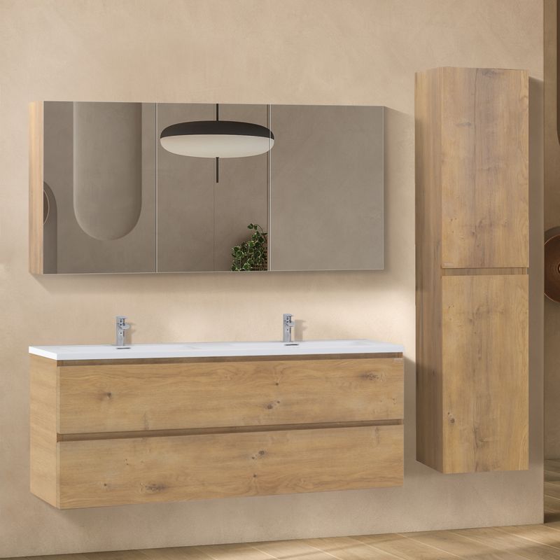 Conjunto de Casa de Banho Atena [120 cm] com Lavatório Branco Brilhante de Resina Mineral, Móvel com Espelho e Coluna Alta Suspensa para Arrumação