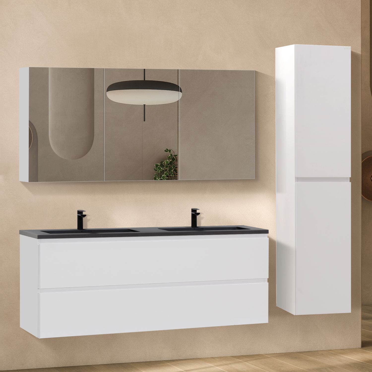 Conjunto de Casa de Banho Atena [120 cm] com Lavatório Preto Mate de Resina Mineral, Móvel com Espelho e Coluna Alta Suspensa para Arrumação