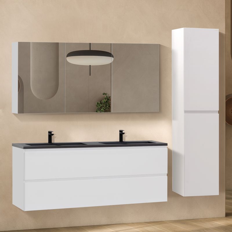 Conjunto de Casa de Banho Atena [120 cm] com Lavatório Preto Mate de Resina Mineral, Móvel com Espelho e Coluna Alta Suspensa para Arrumação