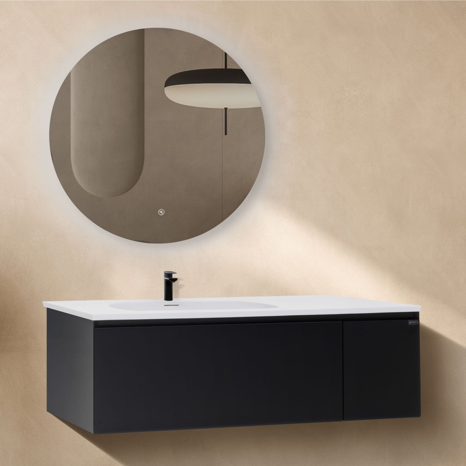 Conjunto Dafne Móvel Suspenso de 120cm em Preto Mate p/ Casa de Banho, Lavatório em Resina Mineral e Espelho LED Anti Embaciamento